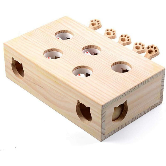Readcly - Interactive Cat Toy, Wooden Toy, Mole Mouse, Puzzle Box with Cute Cartoon Toys for Cat, Hunting, Game, Exercise, Scratching - 5 Holes,A