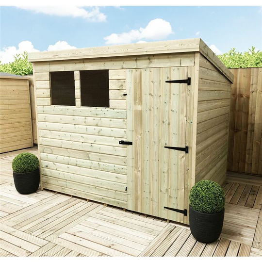 7 x 7 Pressure Treated Tongue And Groove Pent Shed With 2 Windows + Single Door + Safety Toughened Glass