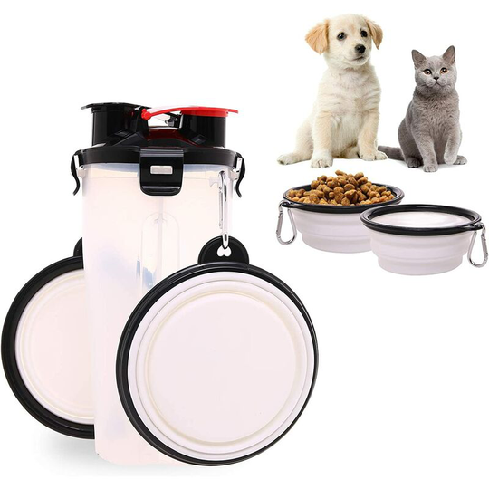 2 in 1 Dog Water Bottle Feeder with 2 Collapsible Dog Bowls Leak Proof Dog Feeder for Cats Puppy Outdoor Travel Hiking Camping White