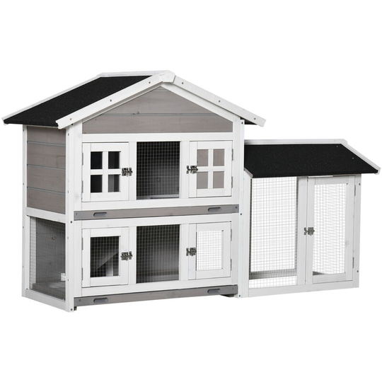 Pawhut - 2 Tier Wooden Rabbit Hutch Bunny Run with Slide-out Tray Ramp Grey - Grey