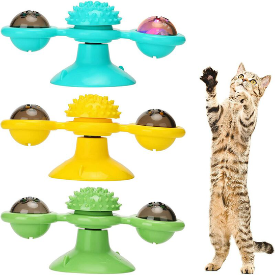 3 Pieces Windmill Cat Toy Interactive Cat Funny Toy Portable Turntable Rotating Cat Toy Scratching Tickle Hair Brush with led Ball and Catnip Ball