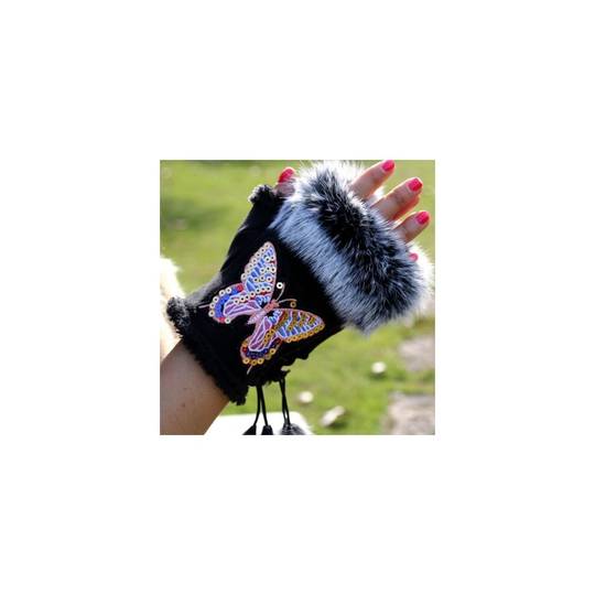 Rabbit fur Fashion Winter Gloves Butterfly Embroider Women Gloves winter Gloves Suede half finger Mittens Female