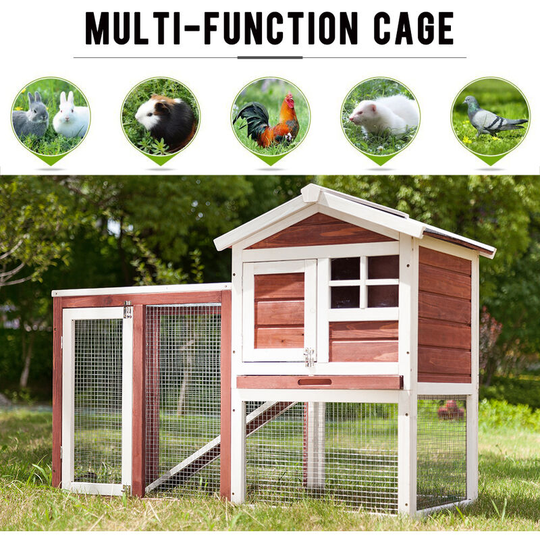 QHJ - Bunny Rabbit Guinea Pig Hutch Cage House Hide/Run Linoleum Roof 2-Tier