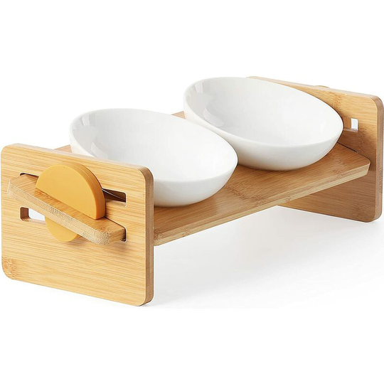 FVO - Ceramic Elevated Bowls for Cat and Small Dog, 15° Tilted in Height, Solid Bamboo Feeding Rack for Cat and Puppy