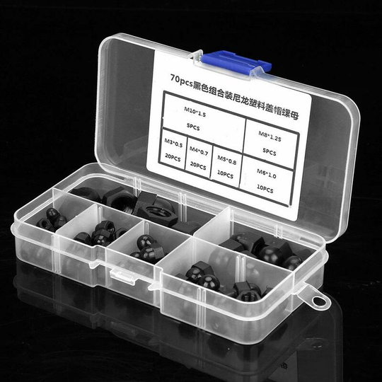 Joorrt - Acorn Nut Kit, Nylon Acorn Nut Kit Hex Bolt Nuts M3 M4 M5 M6 M8 M10 70pcs(Black)