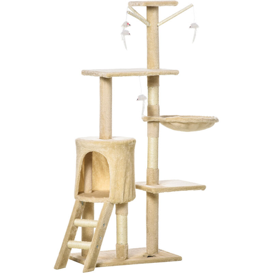 Cat Tree Kitty Activity Centre Scratching Post With Toys 5-tier Beige - Beige - Pawhut
