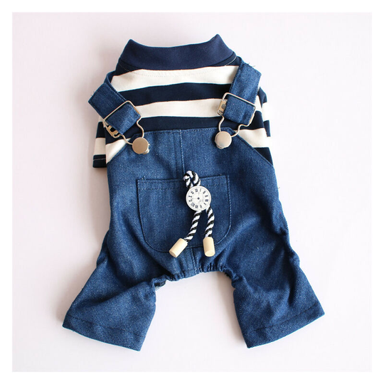 Pet clothes spring, summer and autumn Teddy small dog costume four-legged suit m: (chest 40', back 28'), blue striped clock single layer)
