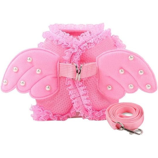Cat Harness and Leash Set - Adorable Pink Harness and Leash Set for Cat, Dog and Rabbit with Faux Lace Beads and Angel Wings