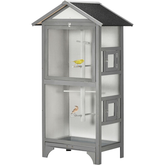 Wooden Bird Aviary, Outdoor Bird Cage for Finch, Canary w/ Tray - Grey - Grey - Pawhut