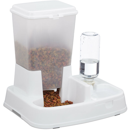 Relaxdays - 2in1 Pet Feeding Station, Dual Food and Water Dispenser for Cats & Dogs, Bottle, 4 l, Plastic, White