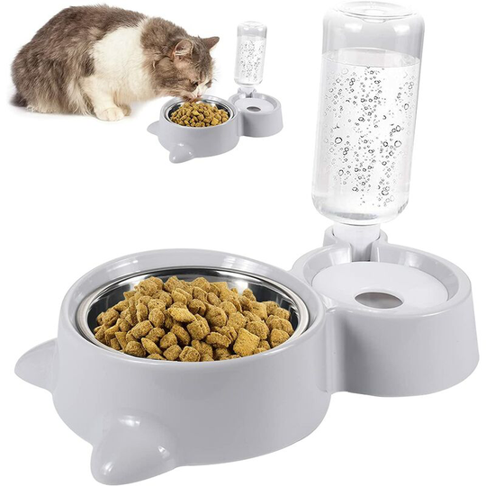 Double Cat Bowl, Double Bowl Pet Feeder for Cats and Small Dogs, Gray 2 in 1 Cat Bowls