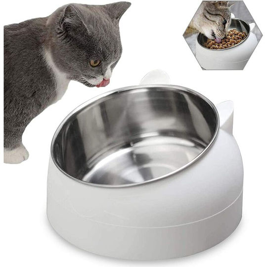 Cat Food Bowl, Pet Food Bowl, Tilted Stainless Steel Cat Bowl, Non-Slip Cat Bowl, 400Ml (White)