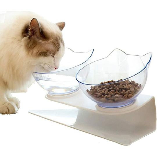 Modou - Double Cat Bowl with Raised Stand, Pet Cat Bowl, 15° Inclination Non-Slip Bowl, Protects Cervical Vertebrae, Removable Pet Bowl