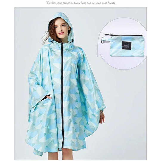 Litzee - Rain Poncho Jacket Coat For Adults Hooded Waterproof With Zipper Outdoor (Light Blue)(Size:L)