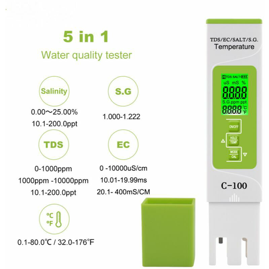 5 in 1 Digital Water Quality Tester Test TDS/EC/Salinity/SG./Temperature High Accuracy Test for home pool aquarium drinking water