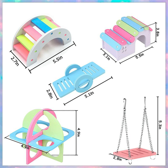 FVO - 5 Pieces Hamster Toys for Hamster, Mouse, Gerbil, Chinchilla Habitat Accessories with Sports Climbing Toys, Includes Hamster House, Rainbow