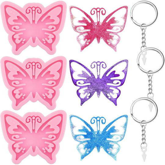 3 Pieces Butterfly Skeleton Keychain Silicone Mold Butterfly Shaped Fondant Mold Keychain Pendant Clay Mold and 3 Pieces Key Rings for diy Keychain,