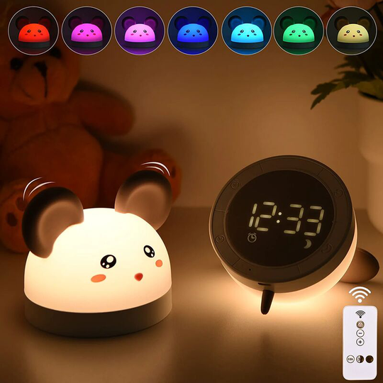 FVO - Kids Night Light 3-in-1 Alarm Clock and Nightlight 7 Colors led Portable Bawoo Gollum Mouse Silicone Bedside Clock Adjustable Brightness with