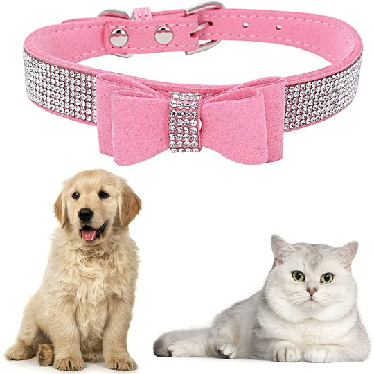 Adjustable Dog and Cat Collar with Double Layer Rhinestone Microfiber Bow Tie for Puppy and Small Medium Cats, Pink xs