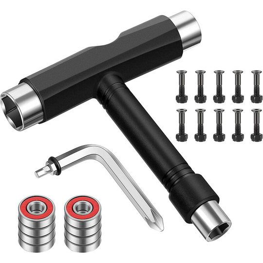 All-in-One Skateboard Tools, 8 RS608 Ball Bearings, 1 T-Type Allen Wrench, 1 l Phillips Screwdriver, 10 Skateboard Nuts and Bolts