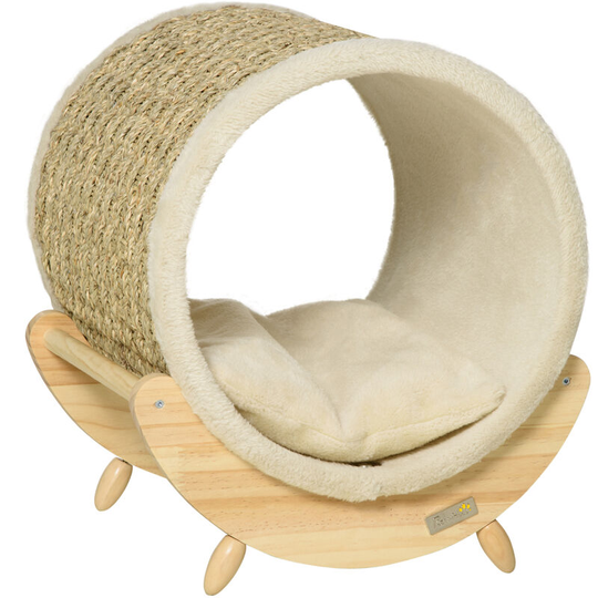 Raised Kitten Bed Pet Shelter w/ Scratcher Cushion, Beige 41 x 38 x 43 cm - Khaki - Pawhut