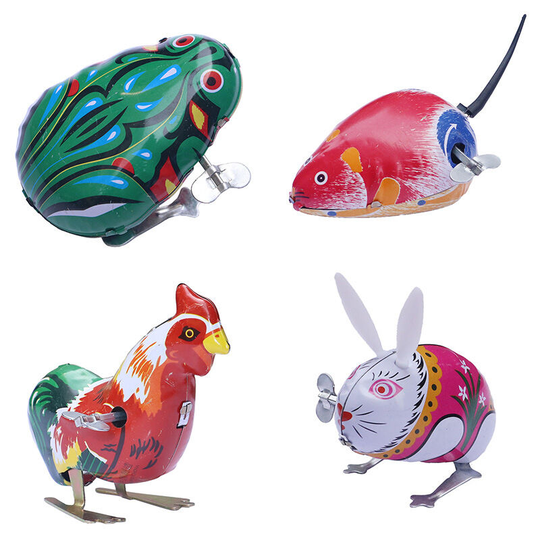 4pcs funny mechanical spring metal jigsaw frog, rabbit, mouse, rooster toys, mechanical vintage metal toys, children's party favors.