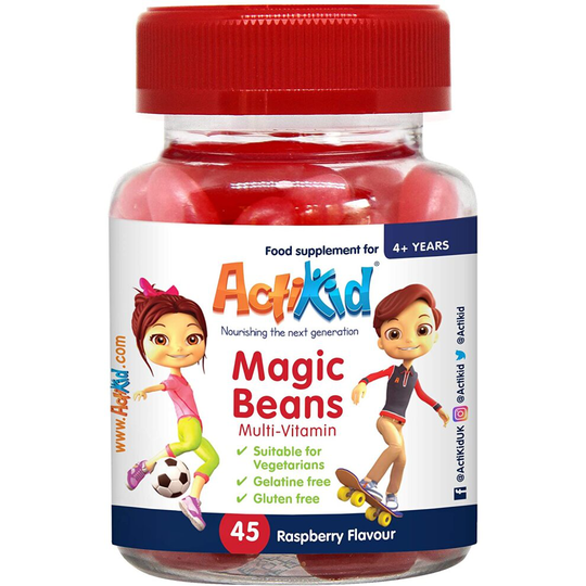 ActiKid Magic Beans Multi-Vitamin 45x Raspberry Flavour, Gelatin Free, Children's Vitamin, Immune System Booster