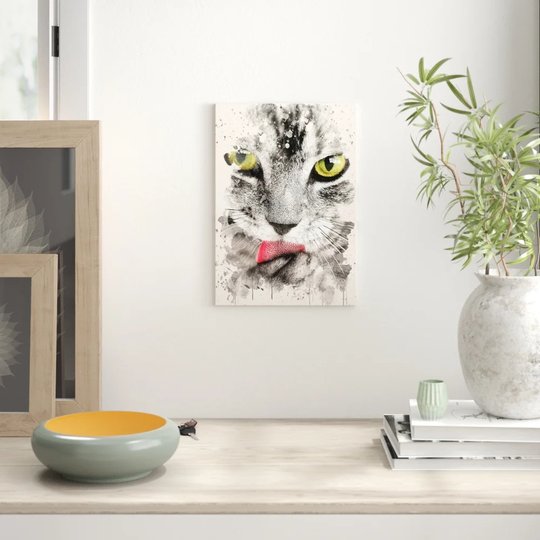 'Tabby Cat Licking Paw' Painting on Canvas