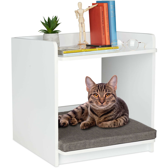 Side or End Table with Pet Bed, Cats & Small Dogs, HxWxD: 54,5 x 50 x 54 cm, Companion Shelter Cushion, White - Relaxdays