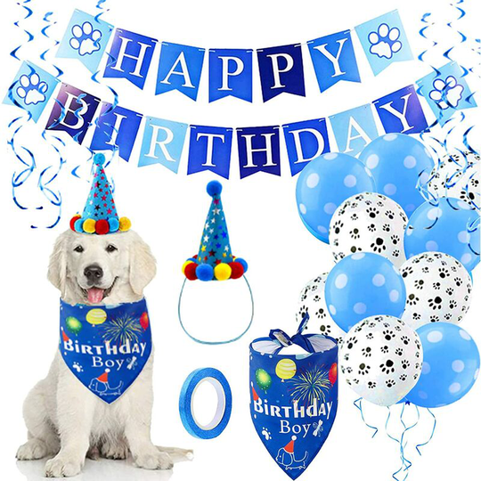 Briday - Dog Birthday Party Decorations Supplies - Dog Birthday Bandana Birthday Hat Happy Birthday Banner Dog Paw Balloons and Hanging Swirls for