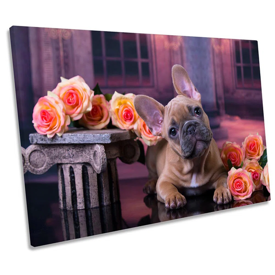 French Bulldog Puppy Flowers - Wrapped Canvas Photograph
