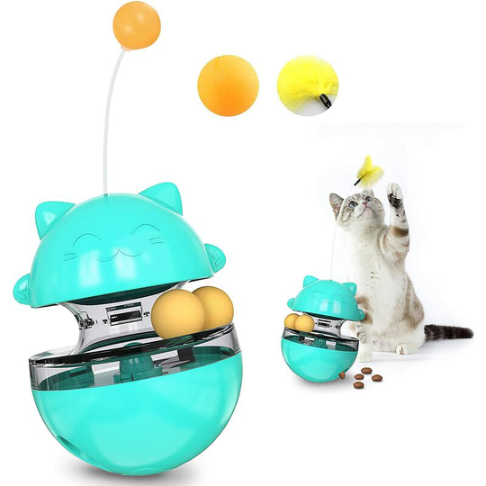 Interactive Cat Toy, Automatic Cat Food Dispenser, 4 in 1 Puzzle Ball, Spinning Tumbler with Spinning Ball and Stylish Cat Stick (Blue)