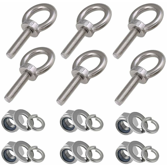 Eyebolts M8, 6 Pieces | Thread length 30mm | Nylon Lock Nut and Lock Washers, Marine 304 Stainless Steel External Threaded Bolts
