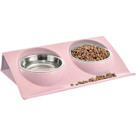 Thsinde - Double Cat Bowls, 15 ° Inclined Stainless Steel Cat Bowl, Portable Removable Non-Slip, Anti-Vomiting Cat Bowl Perfect for Cats and Small