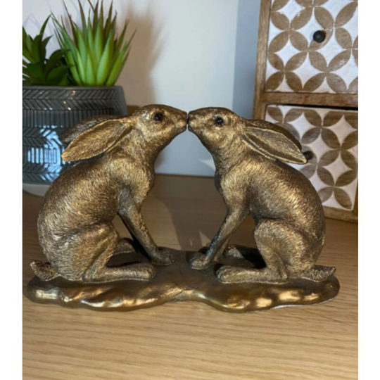 Uniquehomefurniture - Bronze Hare Ornament Vintage Style Home Decor Kissing Rabbits Sculpture Statue