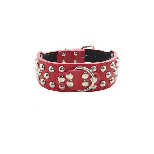 Studded Leather Dog Collar With 3 Rows Of Silver Rivets - Width: 5.1 Cm