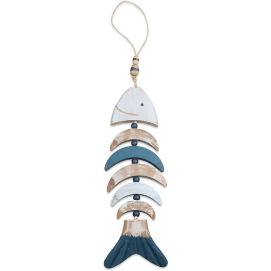Wooden Decor Fishbones with Beads for Nautical Decoration, Wall Decor Door Hanging Ornament Beach Theme Garden Office Home Decoration (Blue)