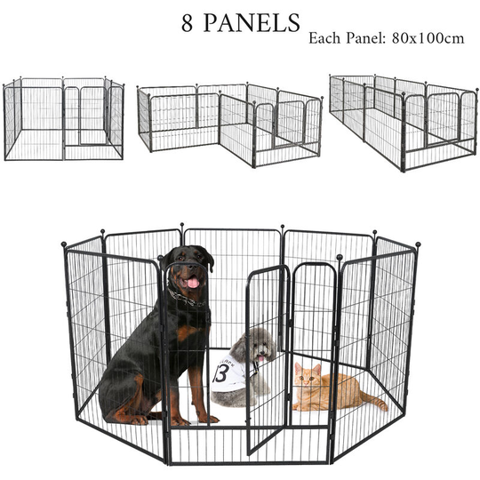 8 Panels Pet Playpen, Exercise Pen, Portable Cage Fence, for Puppy Dog Cat Rabbit Duck, Metal, Weather-Proof, 80x100cm per Panel
