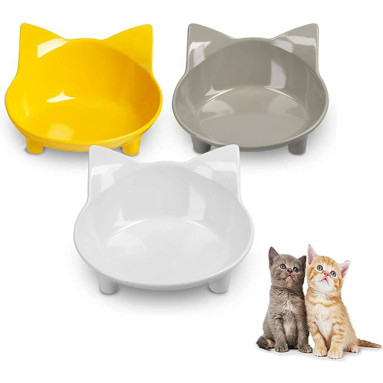 Cat Bowls, Non-Slip Multi-Purpose Pet Bowl with Rubber, for Mustache Fatigue Relief, Set of 3 - Grey, White and Yellow