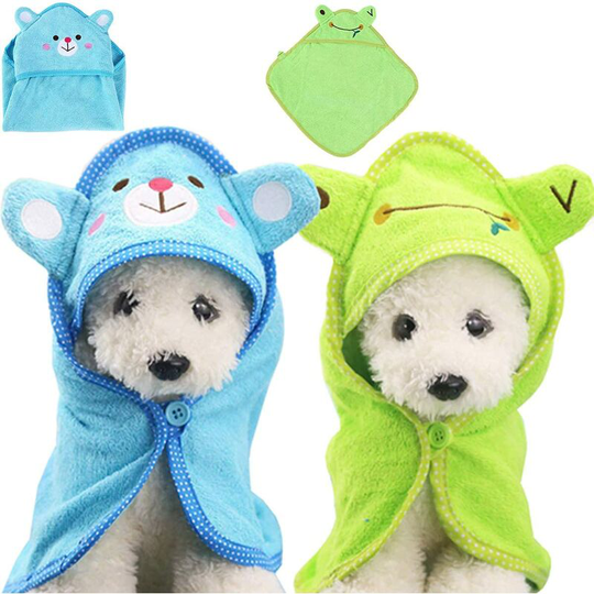 Dog Towel 2 Pcs Cute Cartoon Style Microfiber Bathrobe for Dog or Cat Quick Dry Green Blue(M,45*45cm)