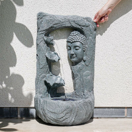 Premier - 67cm Solar Power Stone Effect Buddha Water Feature Fountain | Garden Decor Bird Bath - Grey