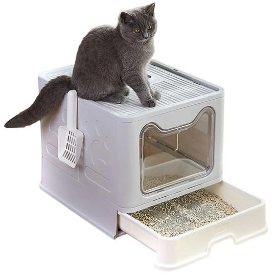 Cat Litter Tray With Lid, Foldable Top Entry Cat Litter Box Anti-Splashing Cat Supplies, Extra Large Self Cleaning Cat Litter Trays, With Litter Scoop