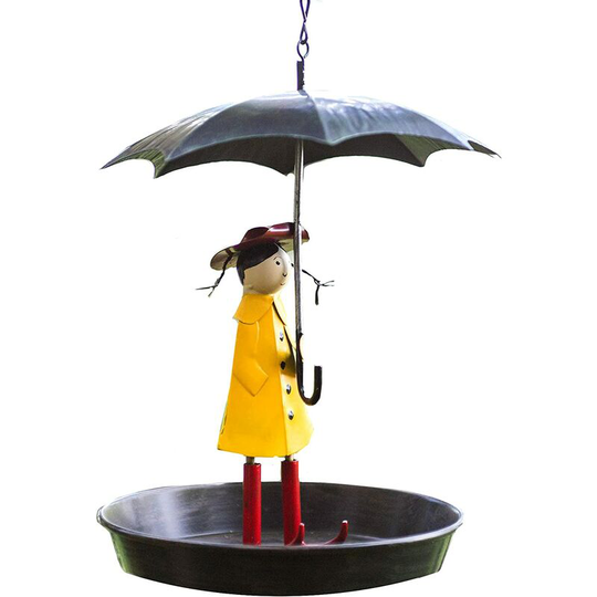 Bird Feeder, Metal Hanging Girl and Umbrella Bird Feeding for Wild Birds, Metal Bird Bath or Table with Hanging Hook