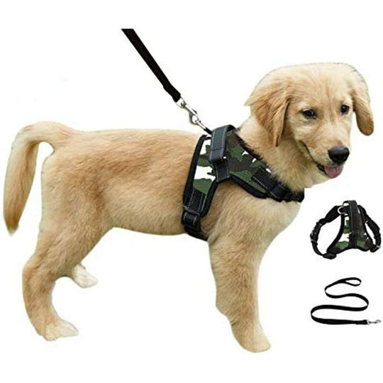 Bearsu - Heavy Duty Adjustable Pet Puppy Dog Safety Harness with Leash Lead Set Reflective No-Pull Breathable Padded Dog Leash Collar Chest Harness