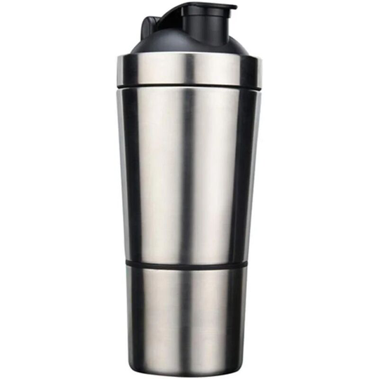 Single-walled nutrition protein shaker made of stainless steel with mixing ball, fitness sports bottle, kettle shaker with double scale 700 ml