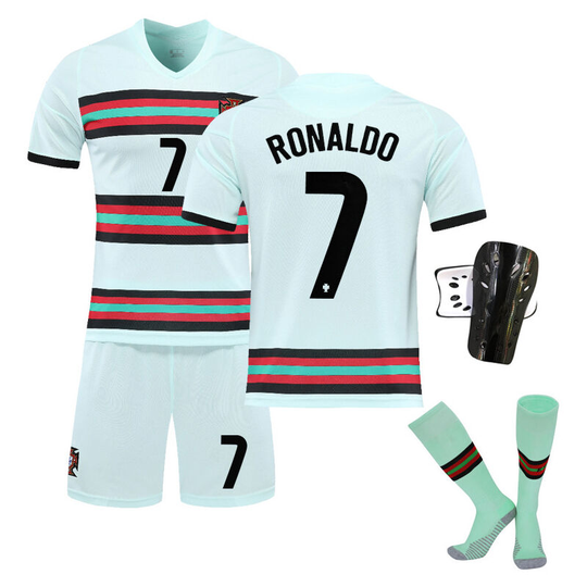 Portugal Away White Soccer Suit Size 7 With Socks+Protective Equipment, Size 22