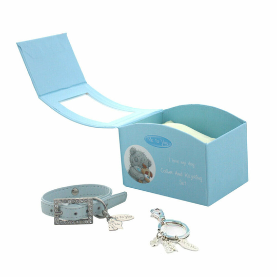 Dog Puppy Collar & Keyring Set Gift Box Me to You Small Blue w/ Diamante Buckle