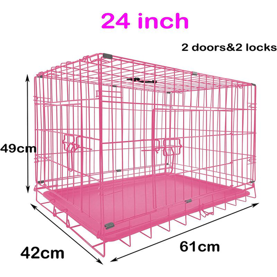 Dayplus - Dog Crate Home or Travel Folding Metal Cage/Kennel - pink - Size Small 24x16.5x19inch - 2 Door 2 Lock - Plastic Base Tray
