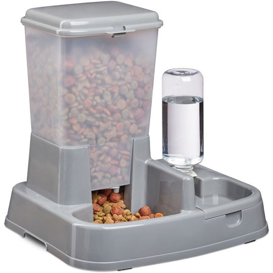 Relaxdays - 2in1 Pet Feeding Station, Dual Food and Water Dispenser for Cats & Dogs, Bottle, 4 l, Plastic, Dark Grey