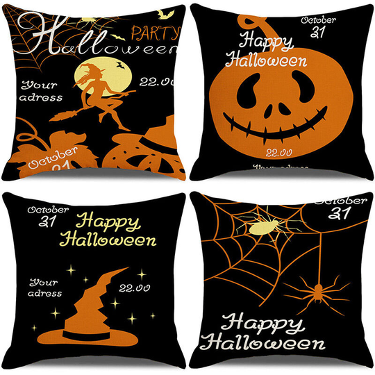 Halloween Pillow Covers, 18x18 Inch Cotton Linen Halloween Decorations Trick or Treat Throw Pillows Covers Black Orange Cushion Covers Set of 4